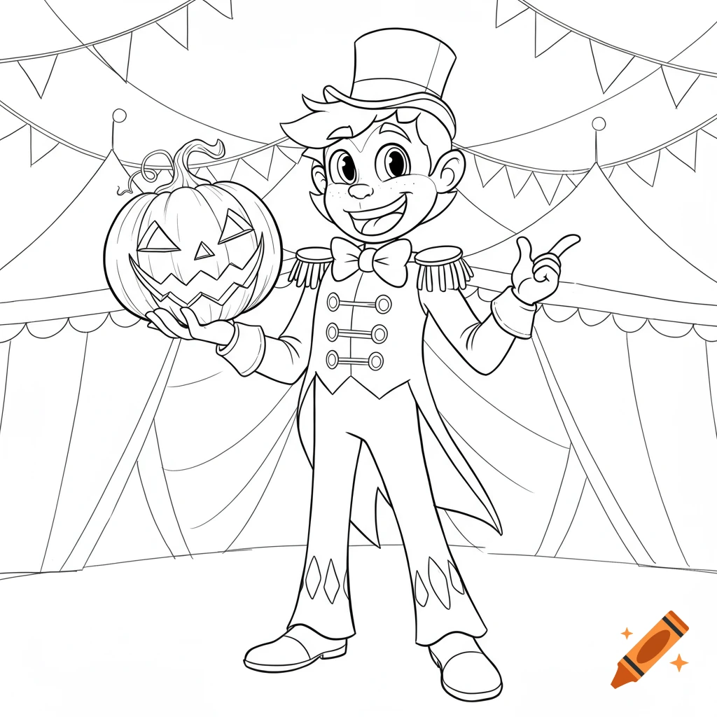 A cartoon ringmaster character in a top hat holding a jack-o'-lantern and pointing, in front of circus tents, black and white line drawing.