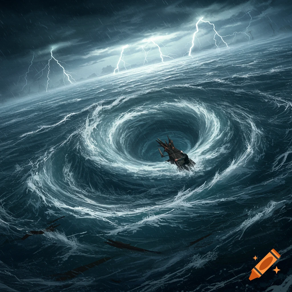 A small boat is pulled into a massive, swirling whirlpool during a dark lightning storm at sea, rendered in a dramatic art style.