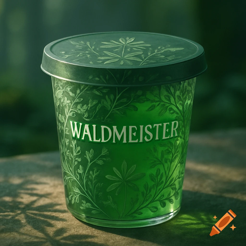 Green container with 'WALDMEISTER' text and leafy patterns, set against a blurred green background, illuminated by sunlight.