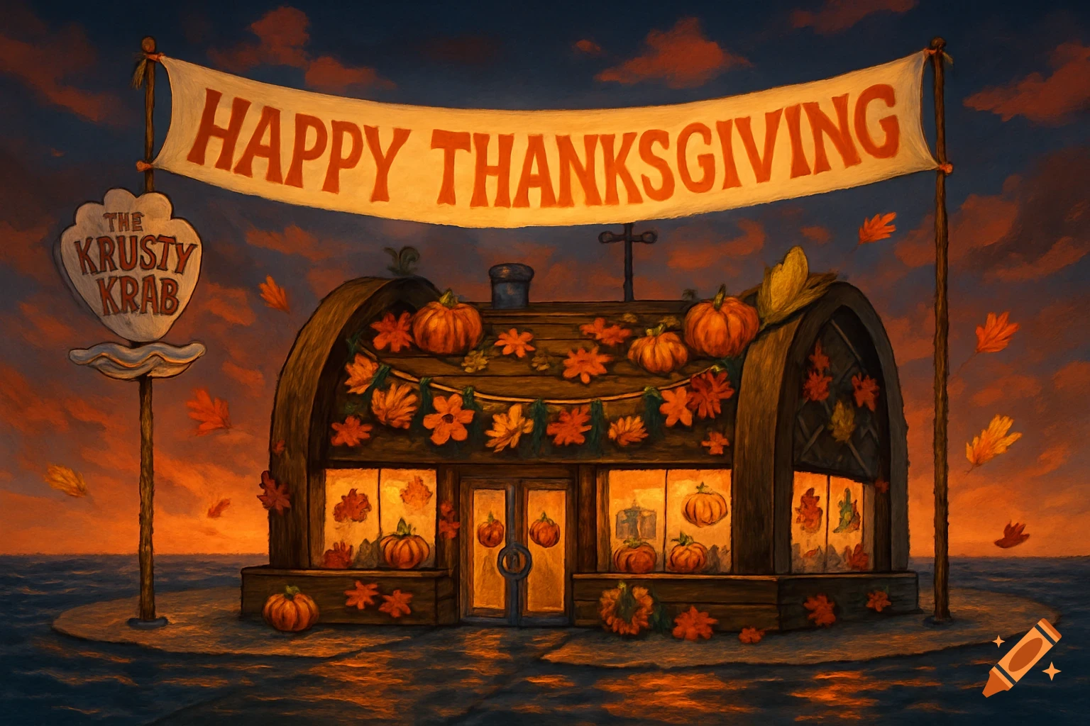The Krusty Krab restaurant decorated for Thanksgiving with pumpkins, autumn leaves, and a 'HAPPY THANKSGIVING' banner at sunset.