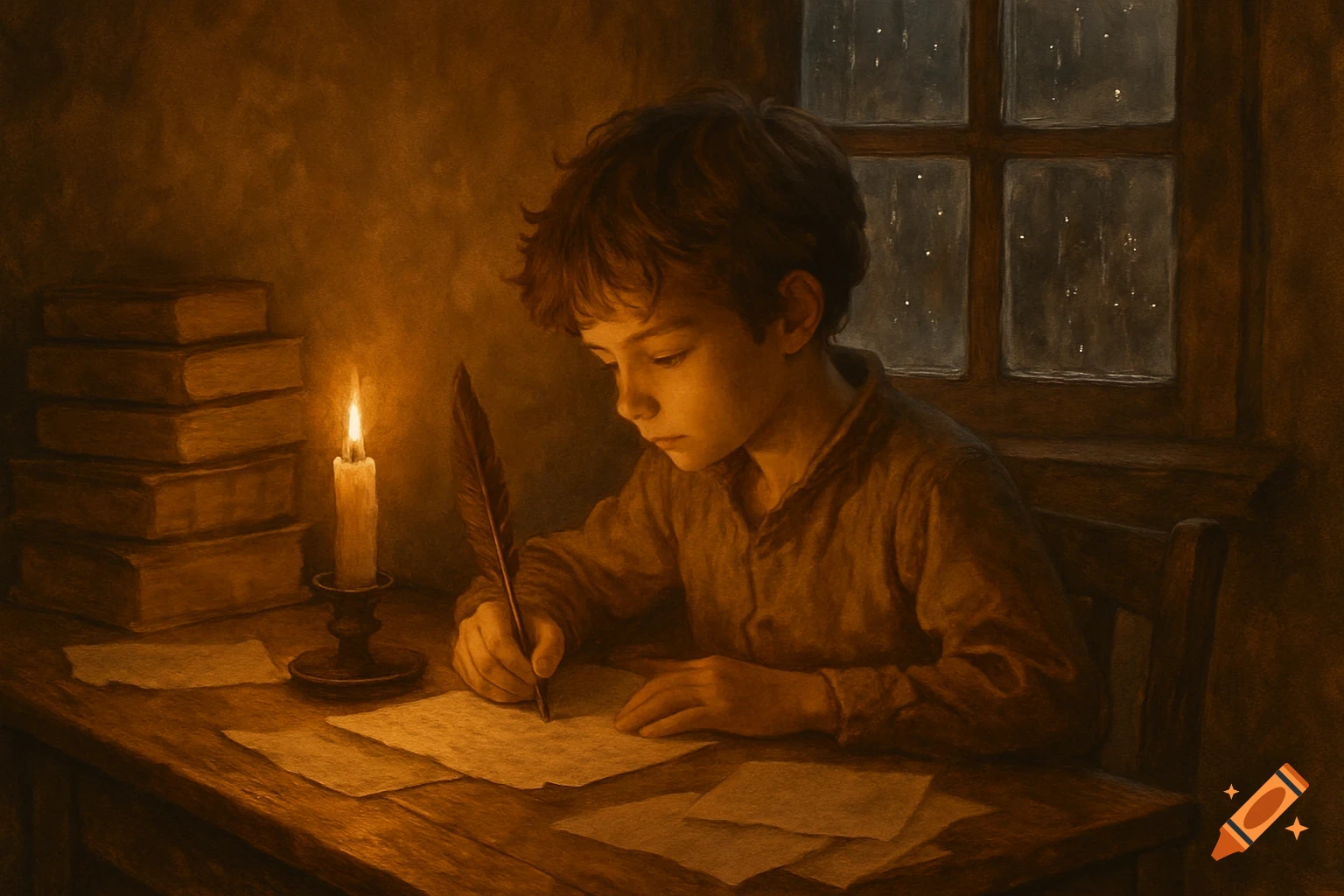 An illustration of a young boy with dark hair writing a letter with a quill pen by candlelight at a wooden desk.