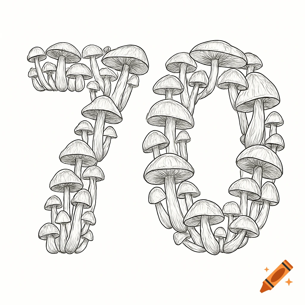 Line art drawing of the number 70 formed by an arrangement of mushrooms, black and white on a white background.