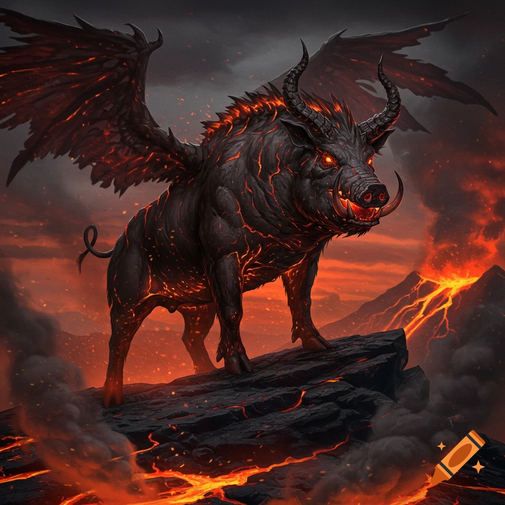 A dark, winged demon pig with glowing red eyes and lava cracks on its body stands on a rocky outcrop in a volcanic, fiery hellscape.