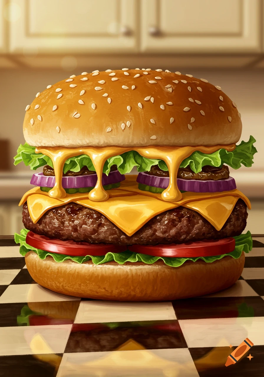 An illustrative, detailed cheeseburger with dripping melted cheese, lettuce, red onion, tomato, and a thick beef patty on a checkered surface.