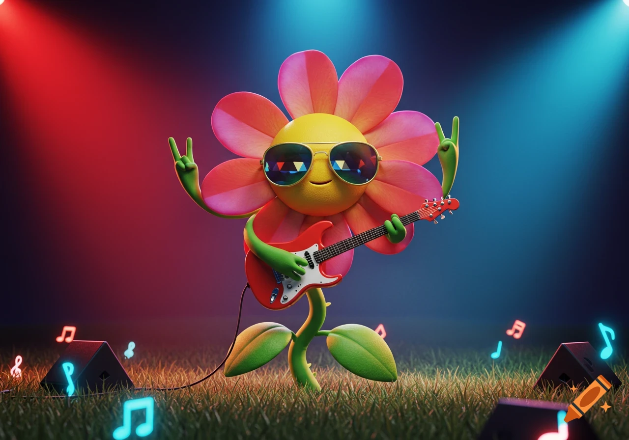 A vibrant 3D cartoon flower with sunglasses plays an electric guitar, making rock gestures on a grassy stage under colorful spotlights and glowing musical notes.