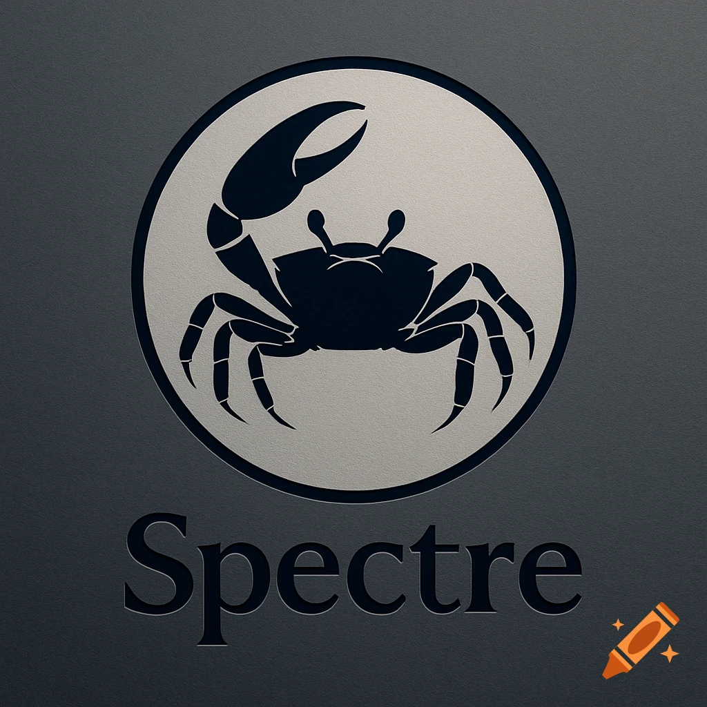 A stylized logo features a dark silhouette of a crab in a light gray circle, with the word 'Spectre' carved below it on a dark gray background.