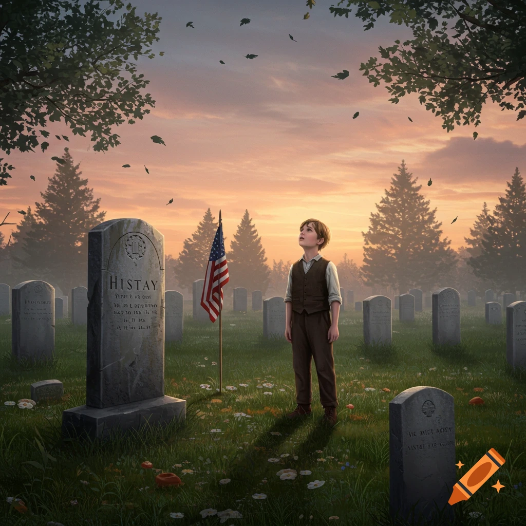 A young boy stands in a cemetery at sunset, looking up, with an American flag next to a gravestone.