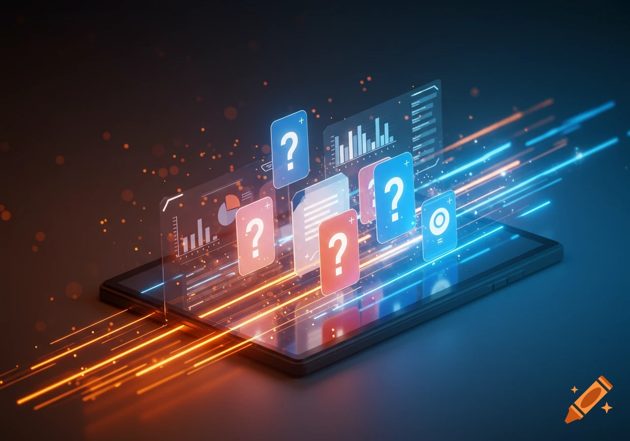 A digital tablet displaying holographic question marks, charts, and glowing data streams in a dark, futuristic setting.