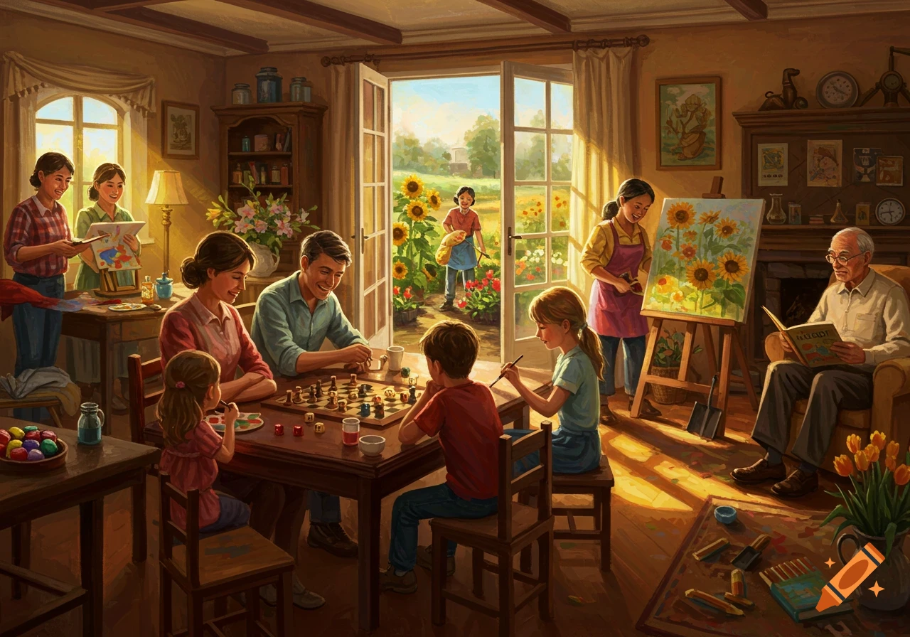 A large family in a cozy, sunlit home, some playing chess, others painting, one gardening outside, and an elderly man reading.