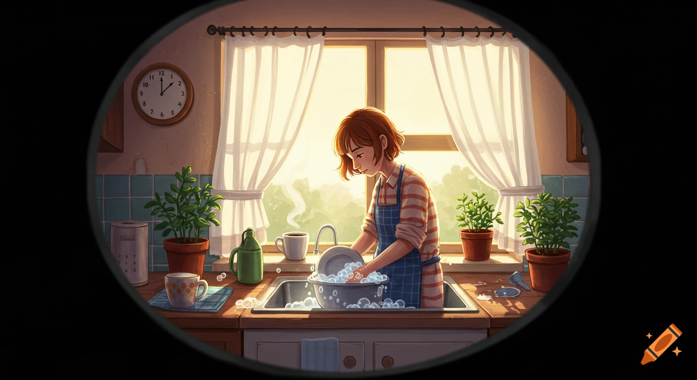 An illustrated scene of a woman with short brown hair washing dishes in a cozy kitchen with plants by a sunny window.