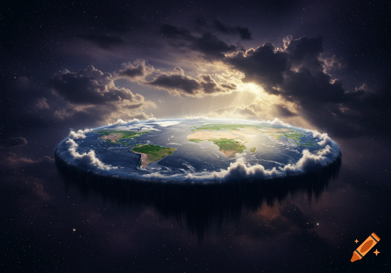 A conceptual image of a flat Earth disk floating in space, with clouds surrounding its edges and dynamic sunlight breaking through dark clouds above.