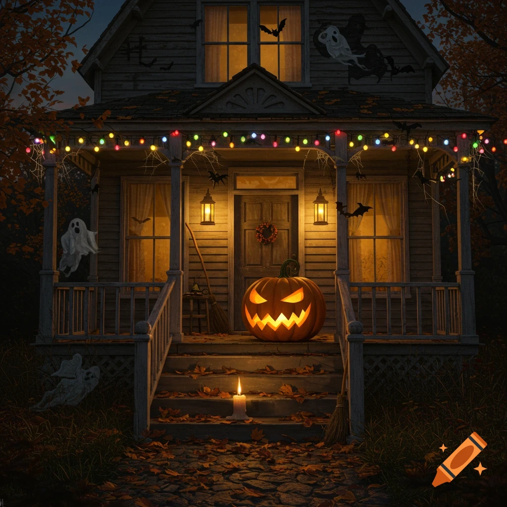 A rustic house at night, decorated for Halloween with a glowing jack-o'-lantern on the steps, string lights on the porch, and ghost and bat cutouts. Autumn leaves are scattered on the ground.