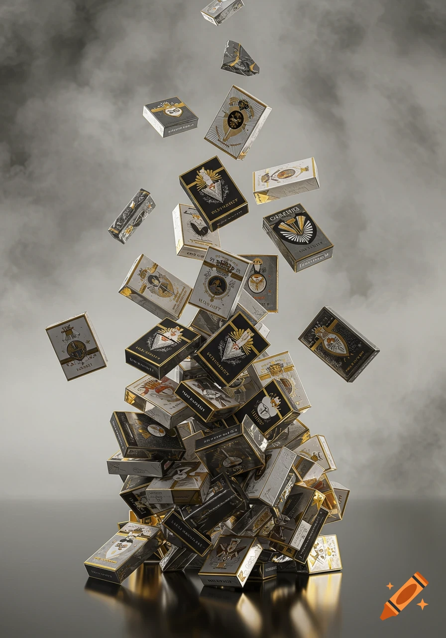 Hundreds of black, white, and gold cigarette packs falling and piling up on a reflective surface against a smoky gray background.
