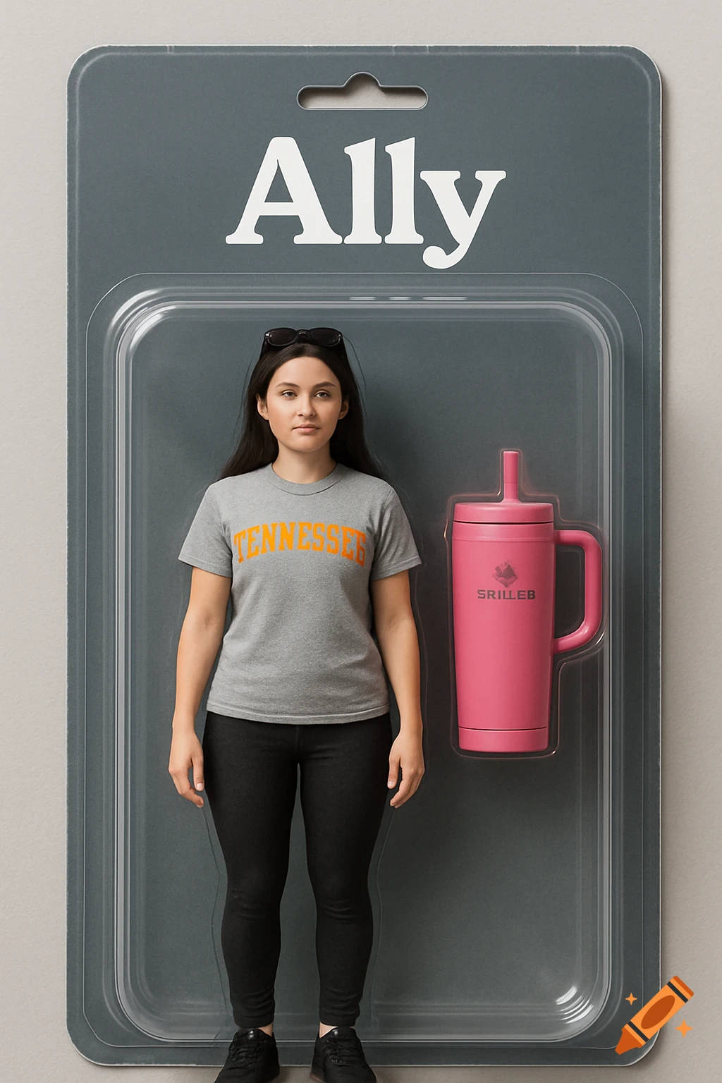 A photorealistic image of a female action figure in a plastic package with a pink mug. The figure wears a gray 'TENNESSEE' t-shirt and black leggings.