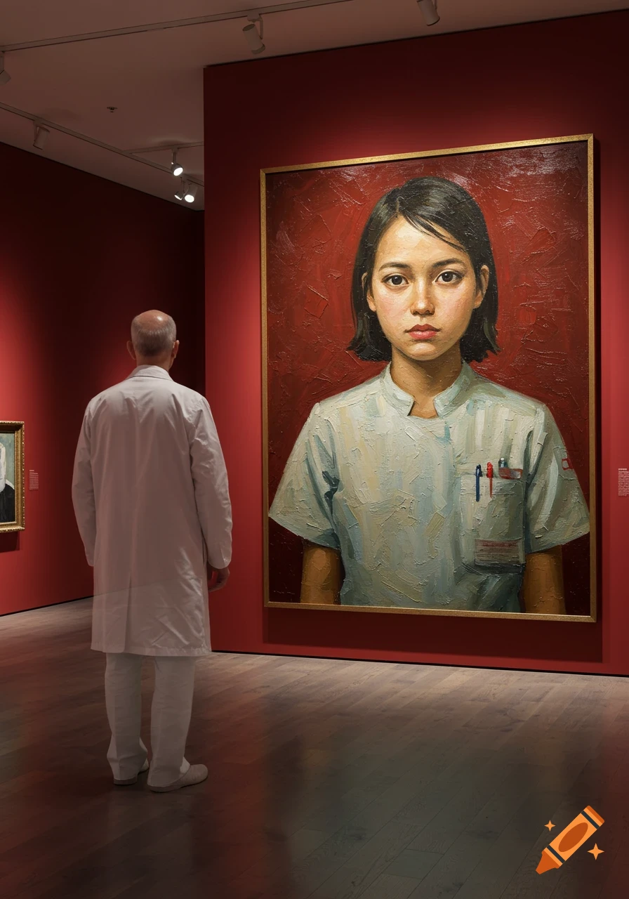 A man in a white coat stands with his back to the viewer, looking at a large oil painting of a girl in a doctor's uniform, displayed on a red gallery wall.