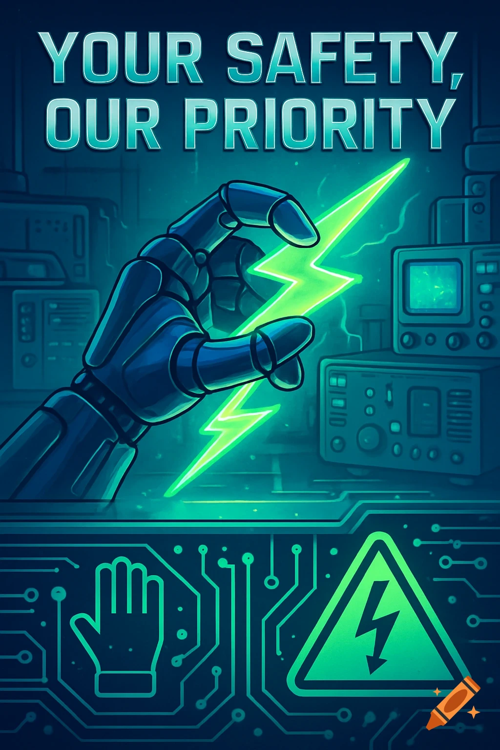 A safety poster with a robotic hand holding a glowing green lightning bolt, above text "YOUR SAFETY, OUR PRIORITY", and electrical circuit designs.