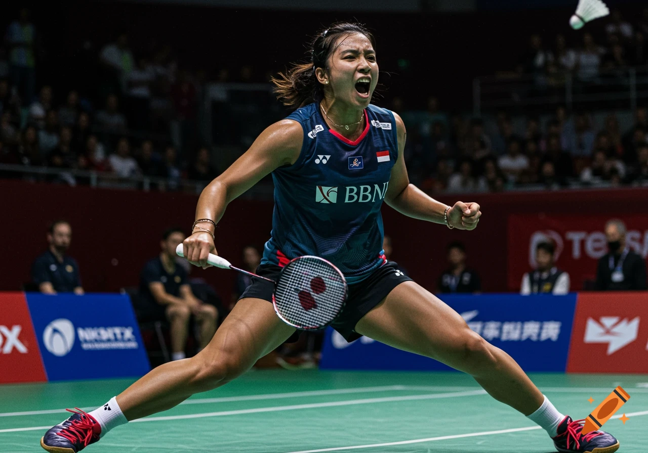 A determined female badminton player lunges on a green court, holding a racket, with a shuttlecock mid-air.