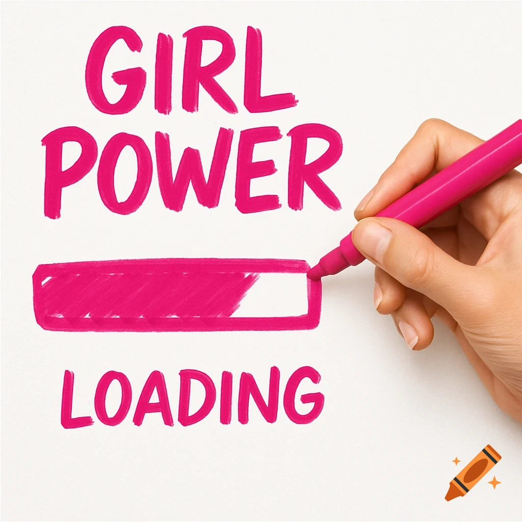 A hand uses a pink marker to write "GIRL POWER LOADING" and fill a pink loading bar on white paper.