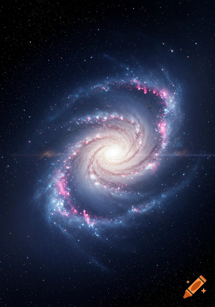 A vibrant spiral galaxy with a bright white core and blue and pink arms, set against a dark, star-filled space.