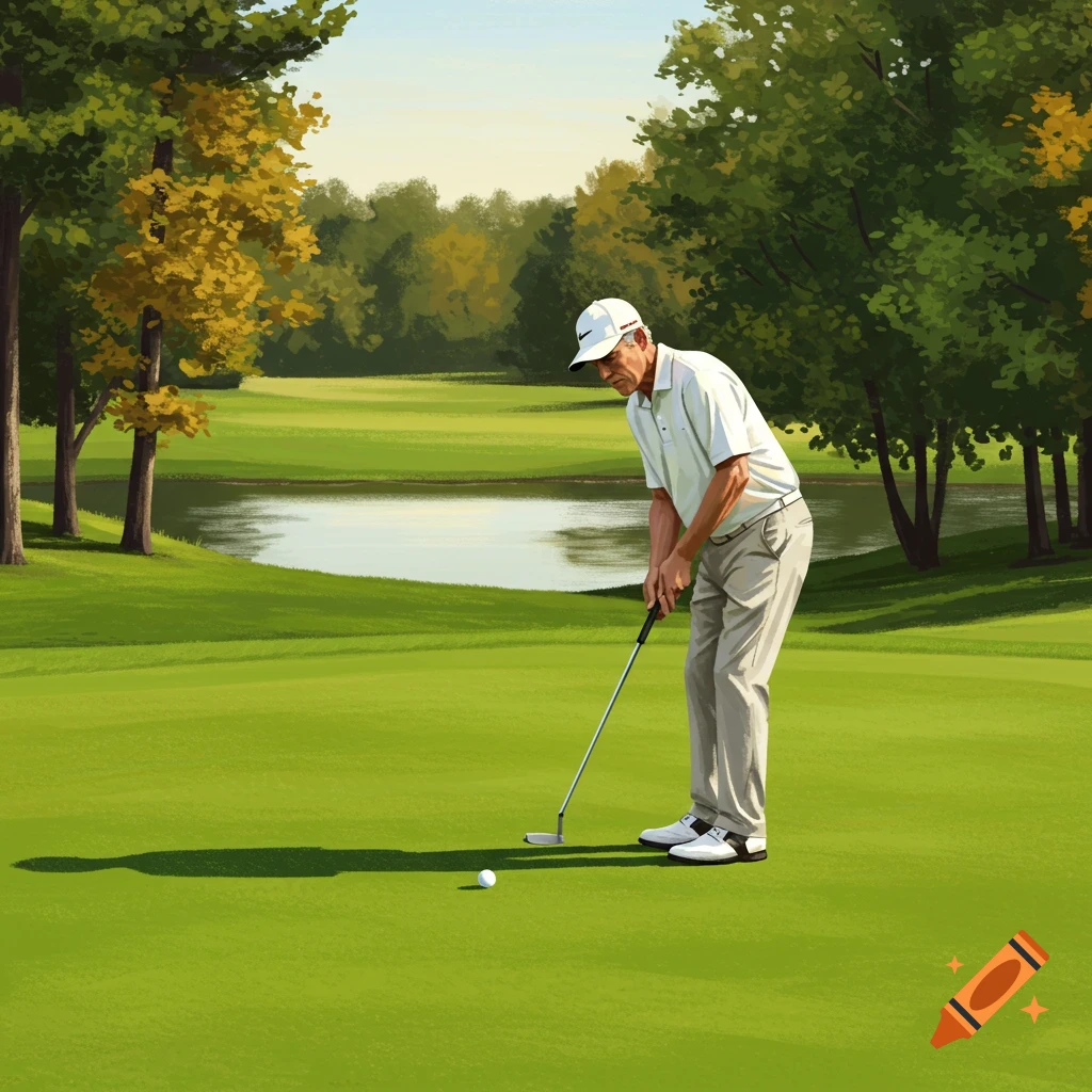 A man in a white cap and polo shirt is putting on a golf course green, with trees and a pond in the background.