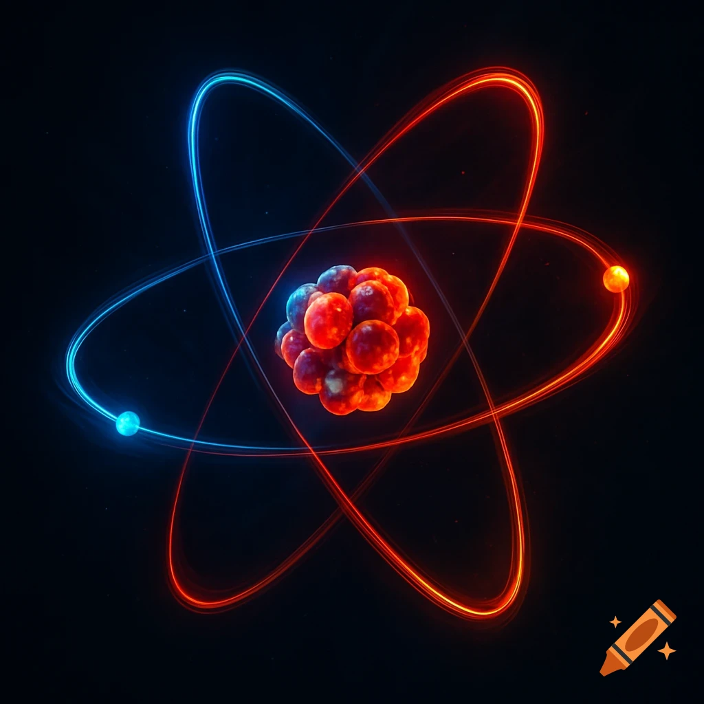 A stylized atom with a central red and blue nucleus, and glowing blue and red electrons orbiting on elliptical paths against a dark background.