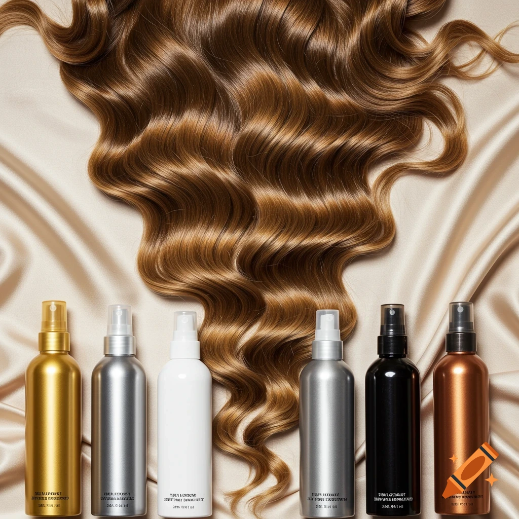 Wavy brown hair cascades over a golden silk background, with six colorful spray bottles (gold, silver, white, black, bronze) below.