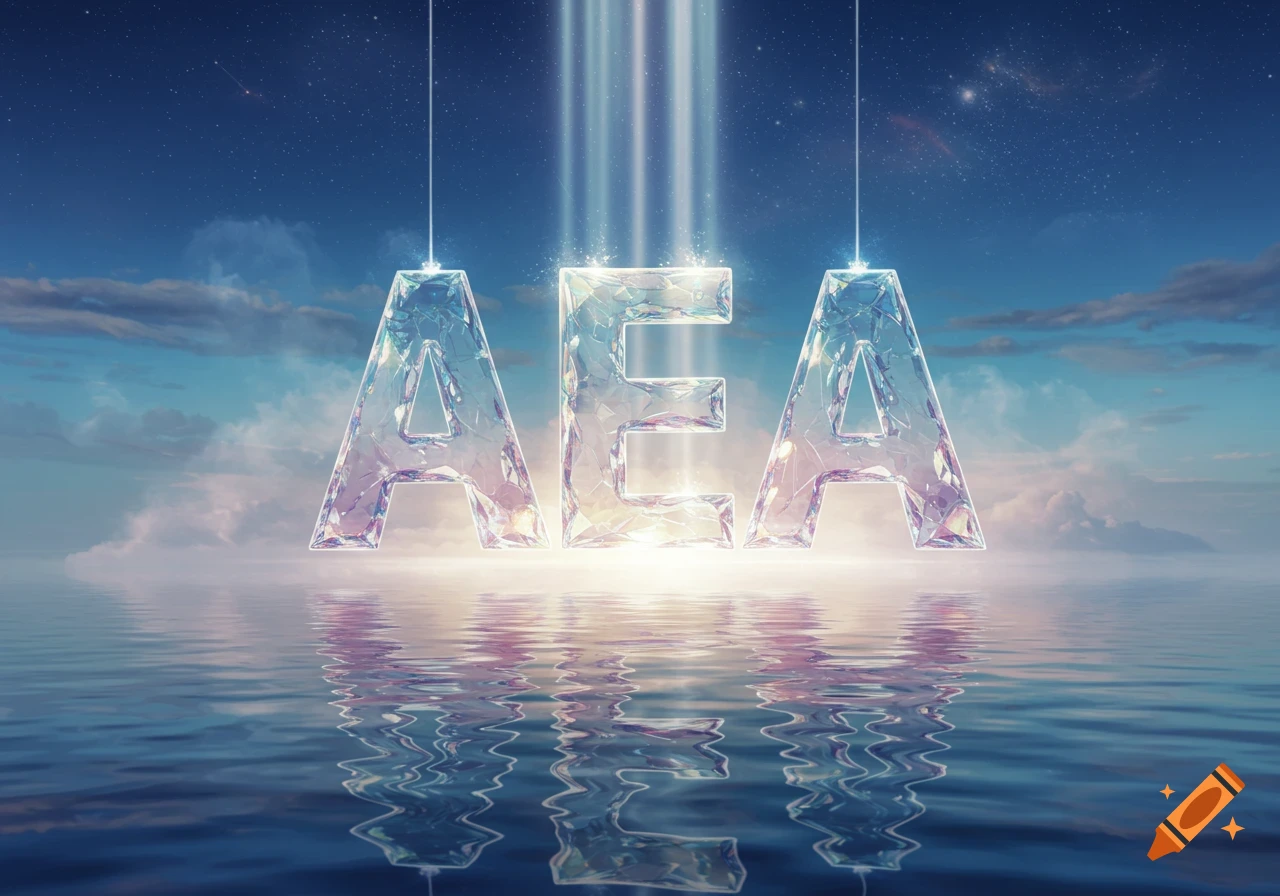 Three large, glowing, crystalline letters 'A E A' float above shimmering water under a starry sky with light beams.