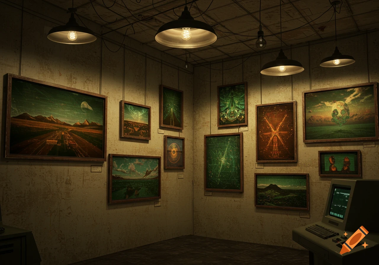 A dimly lit, grungy art gallery displaying multiple framed abstract paintings and a vintage computer terminal on a desk.