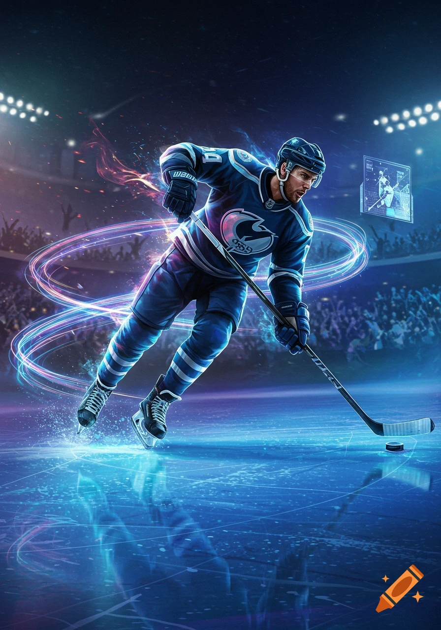 A dynamic illustration of a male hockey player in a blue uniform skating on an ice rink, holding a stick, with glowing trails and stadium lights in the background.