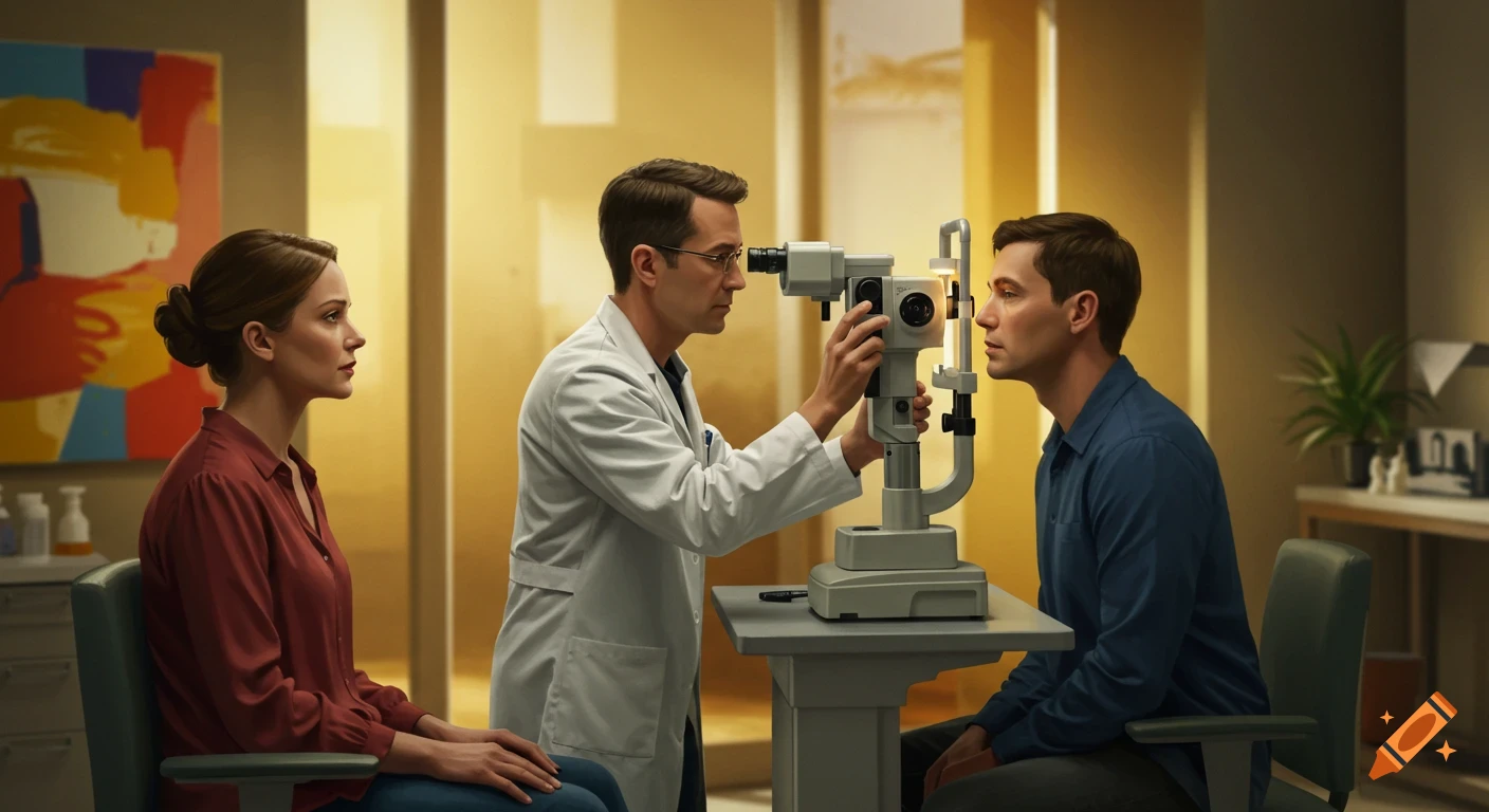 An eye doctor in a white coat examines a male patient with a slit lamp, while a woman sits observing in an examination room.