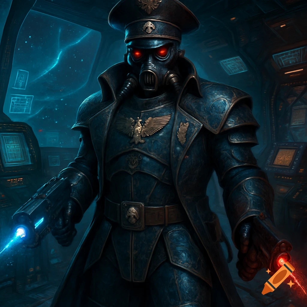 A hyper-detailed Warhammer 40k Inquisitor in ornate dark armor, gas mask, and glowing red eyes, aiming a blue plasma pistol and a red laser pistol on a starship bridge.