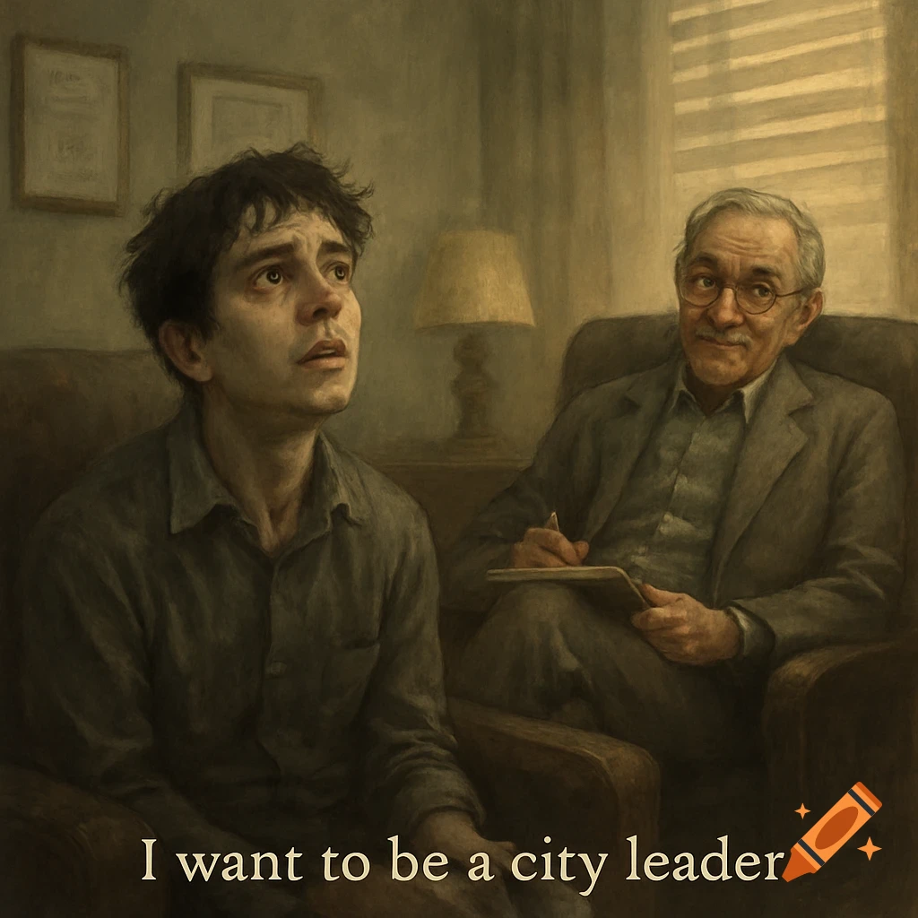 A distressed young man in therapy tells a smiling doctor, 'I want to be a city leader' in a painterly style.