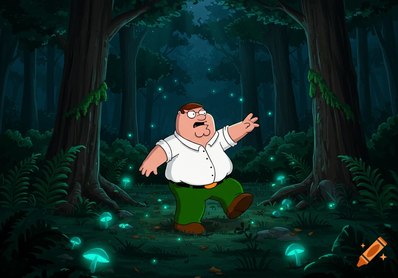 Peter Griffin walks through a magical, glowing forest at night, looking surprised.