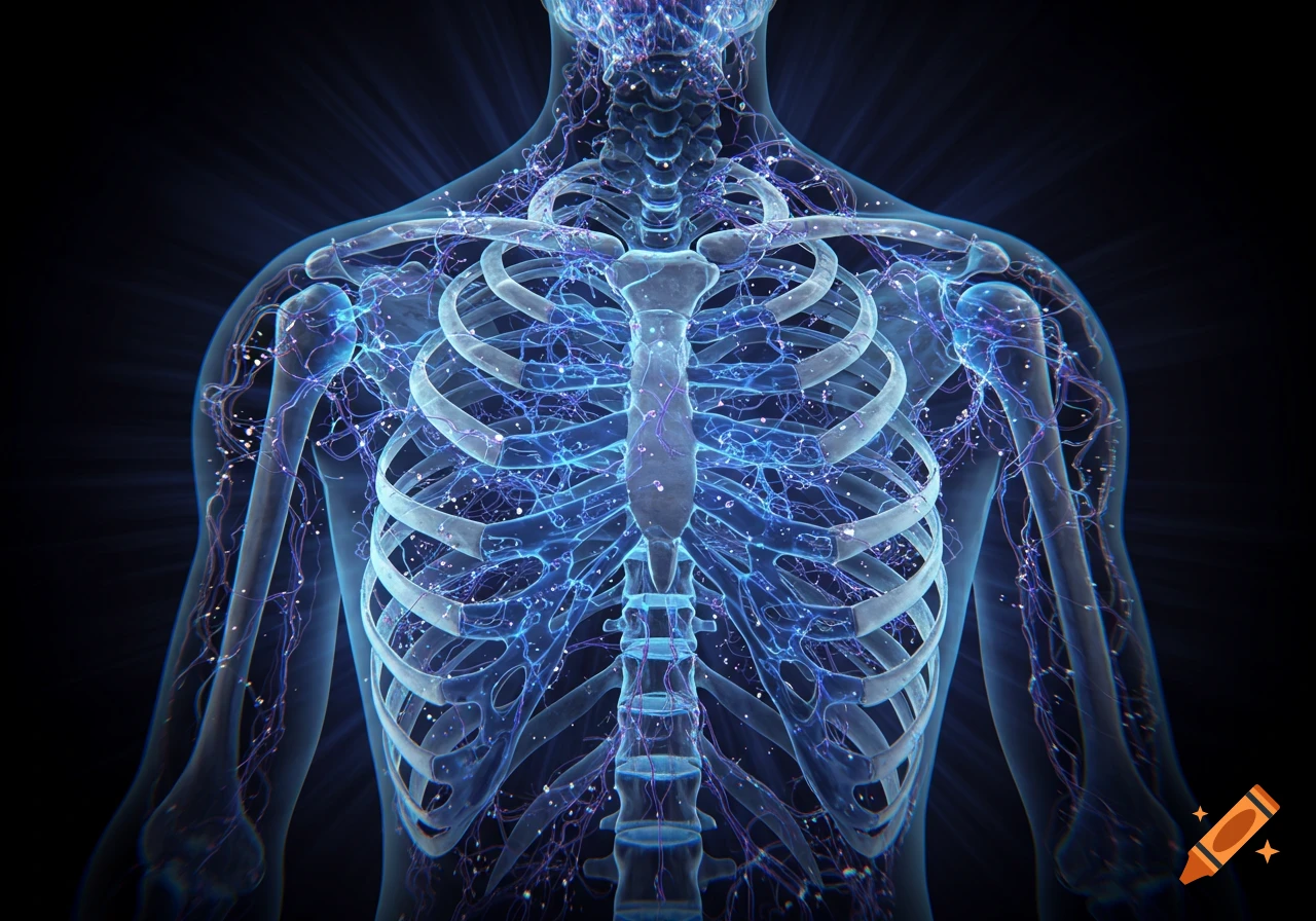 Translucent human torso showing a skeletal rib cage and glowing blue nervous system, a stylized 3D rendering.