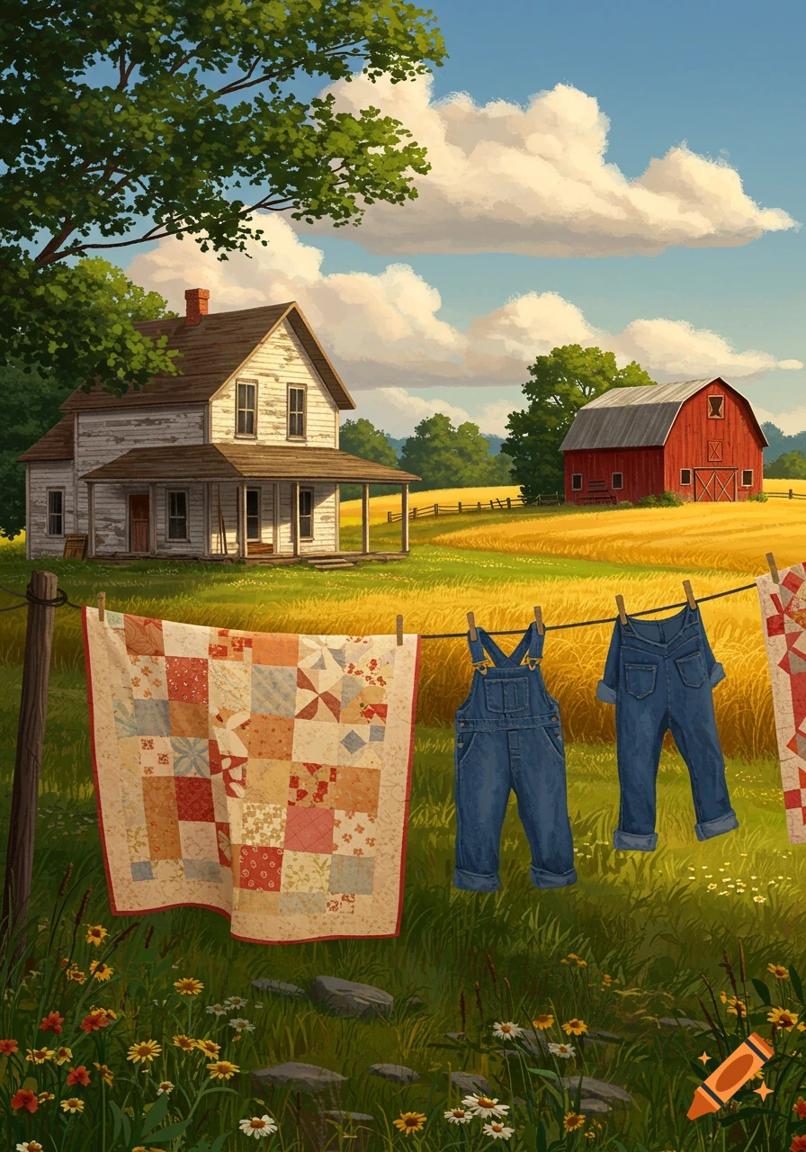 A sunny rural landscape featuring a white farmhouse and red barn, with quilts and overalls drying on a clothesline in the foreground.