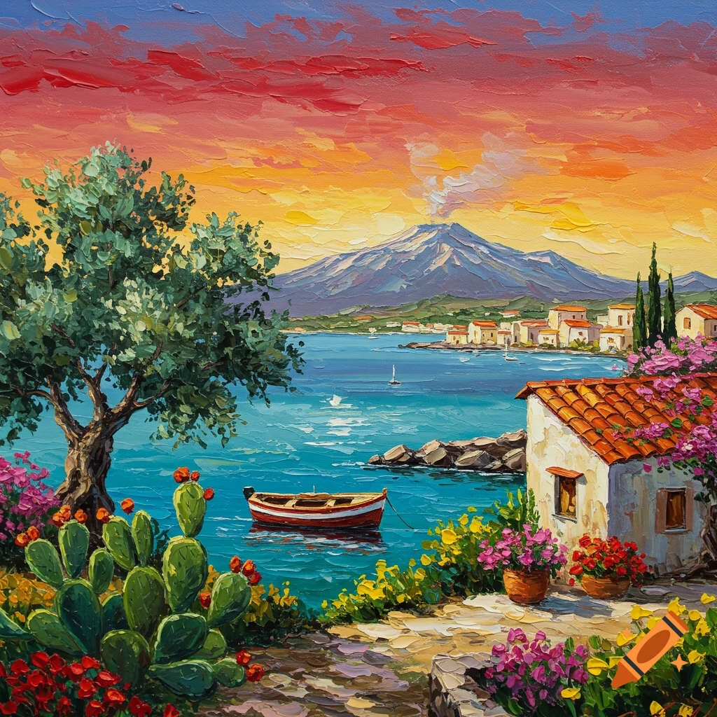 Vibrant oil painting of a Mediterranean landscape at sunset, featuring a white house, boat, olive tree, cacti, colorful flowers, and a smoking Mount Etna.