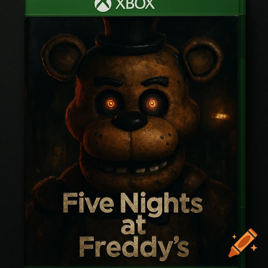 An Xbox game case for 'Five Nights at Freddy's' with Freddy Fazbear's creepy face and glowing orange eyes.