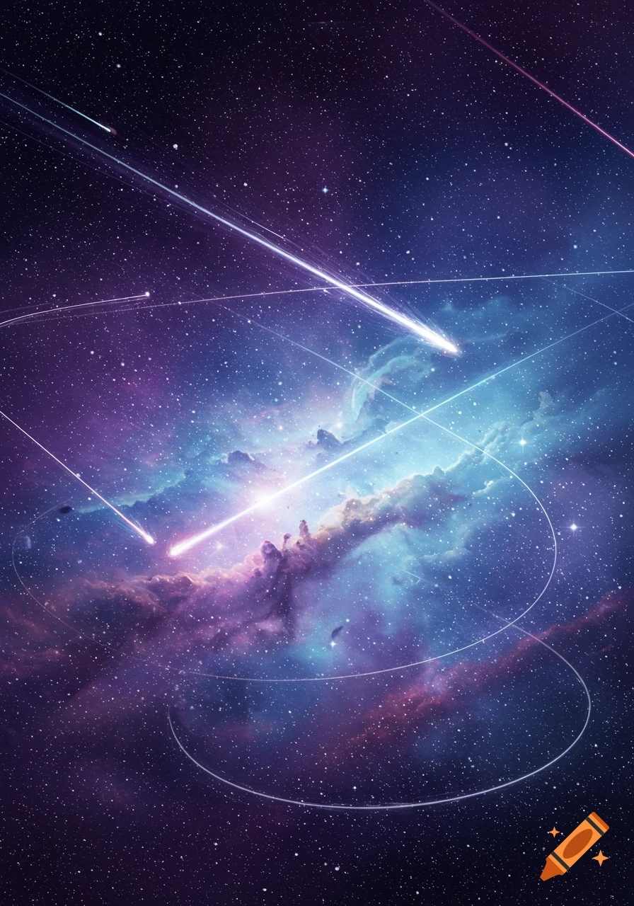 Vibrant space scene with bright meteors streaking across a star-filled sky, featuring purple and blue nebulae.