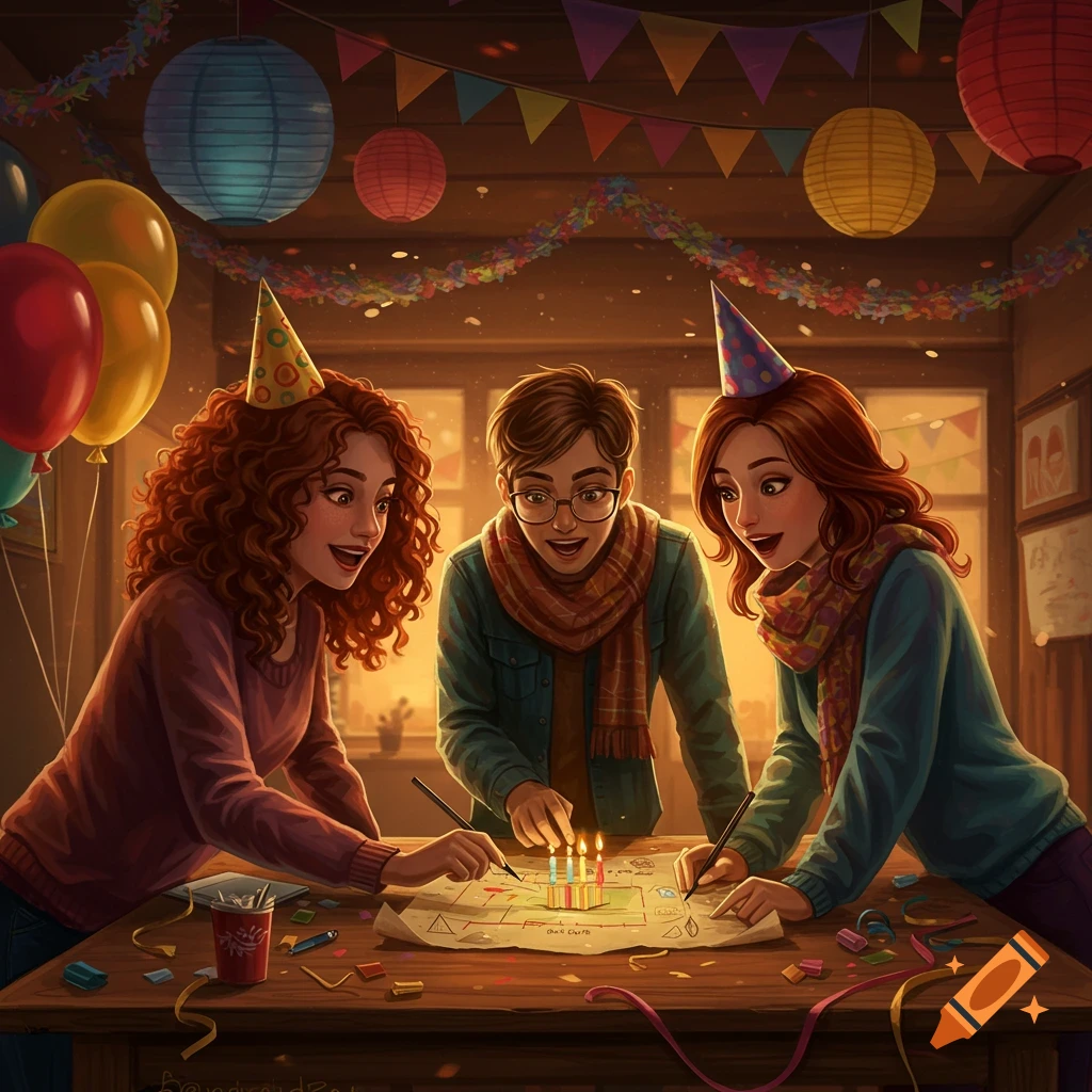 Three friends in party hats gathered around a table, drawing on a map with lit candles, planning a birthday surprise.