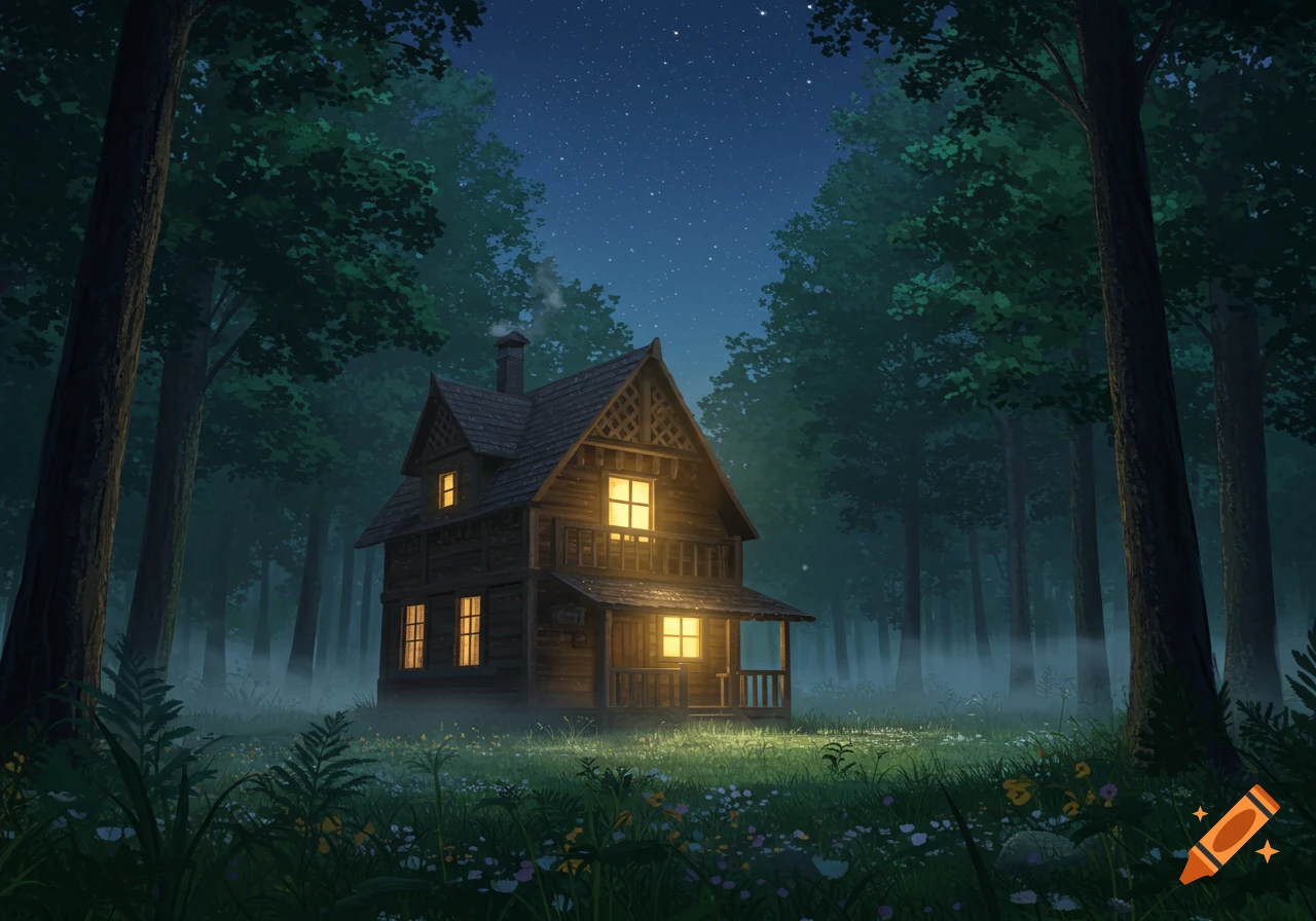 An illuminated two-story wooden house in a misty forest at night, with a starry sky and wildflowers.