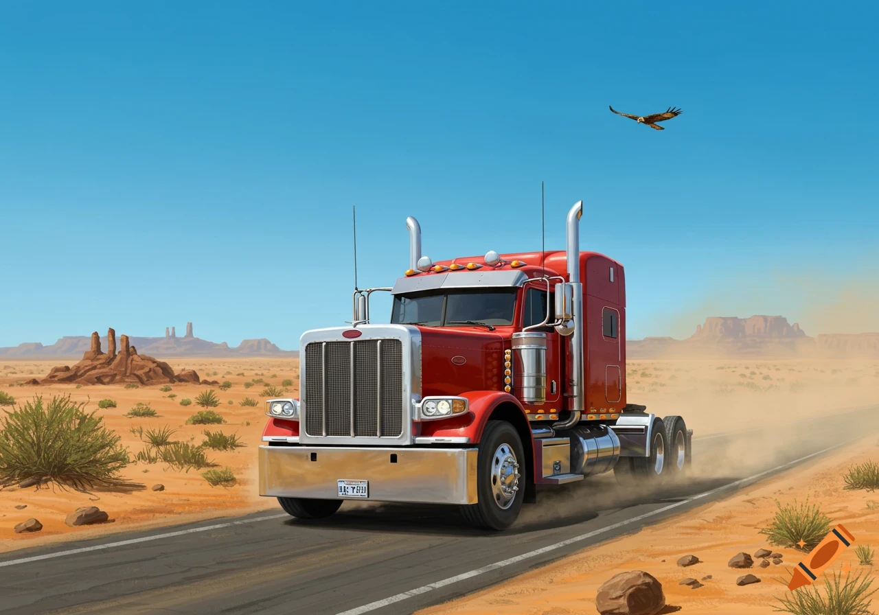 Red Peterbilt semi-truck drives on a desert road with mesas in the background under a clear blue sky, an eagle flies overhead.