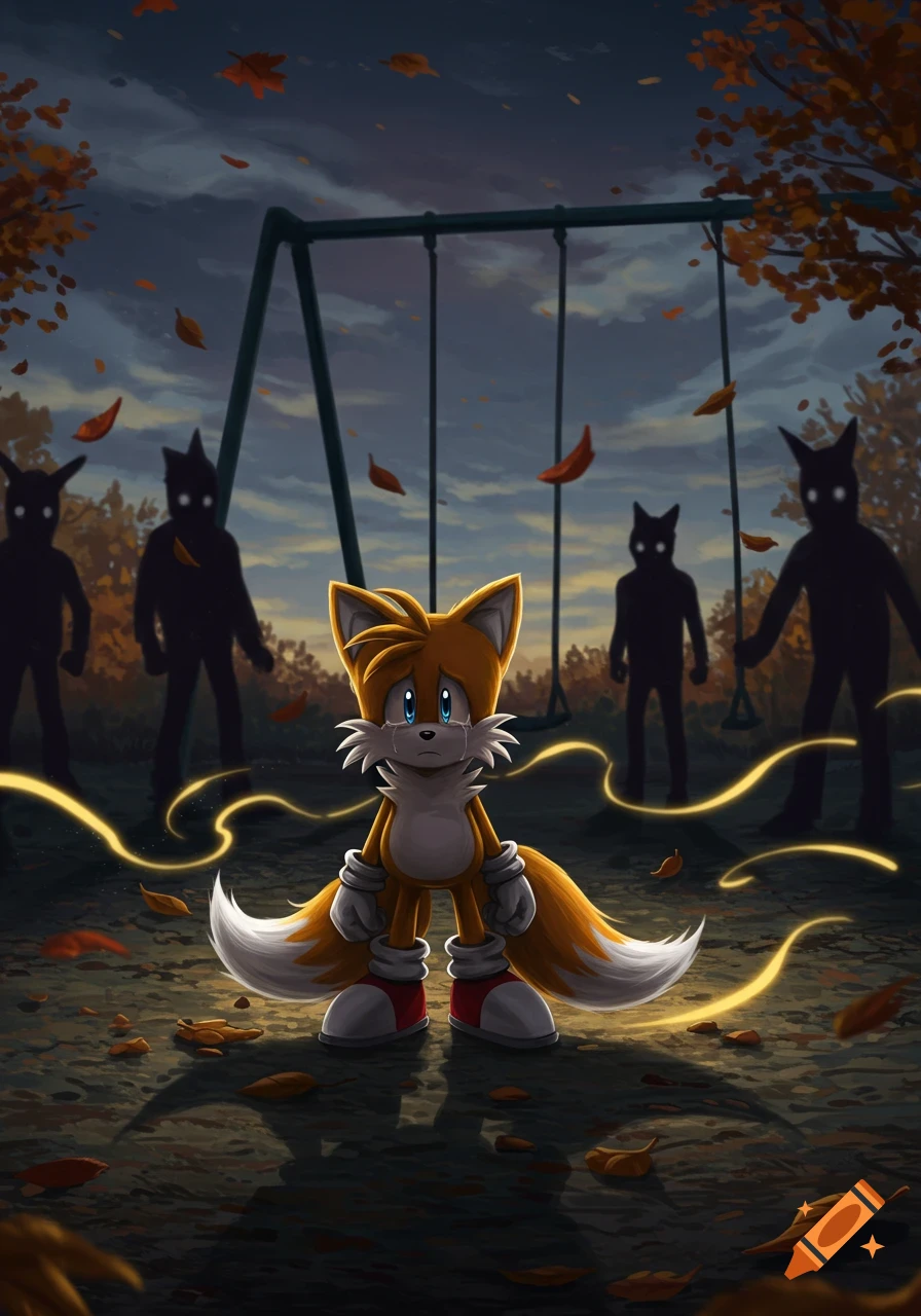 Crying Tails stands in a dark autumn park at dusk, surrounded by four ominous shadowy figures near a swing set.