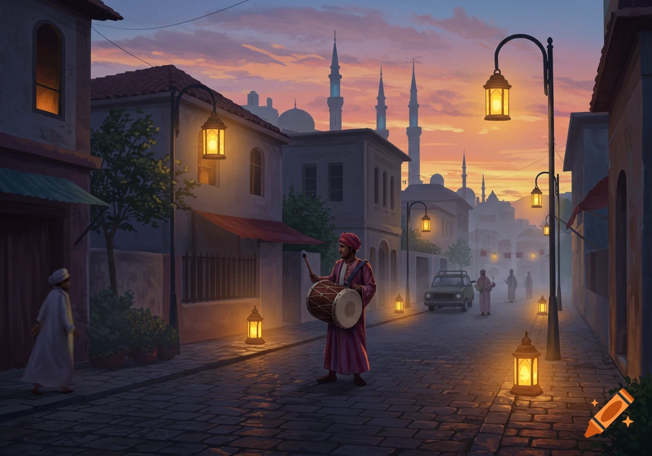 Illustration of a drummer in a colorful Middle Eastern street scene at sunset, illuminated by lanterns, with minarets in the distance.