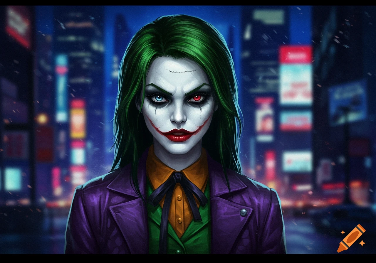 A female Joker with green hair, white face paint, red lips, and a menacing expression, wearing a purple jacket, against a blurred cityscape at night.