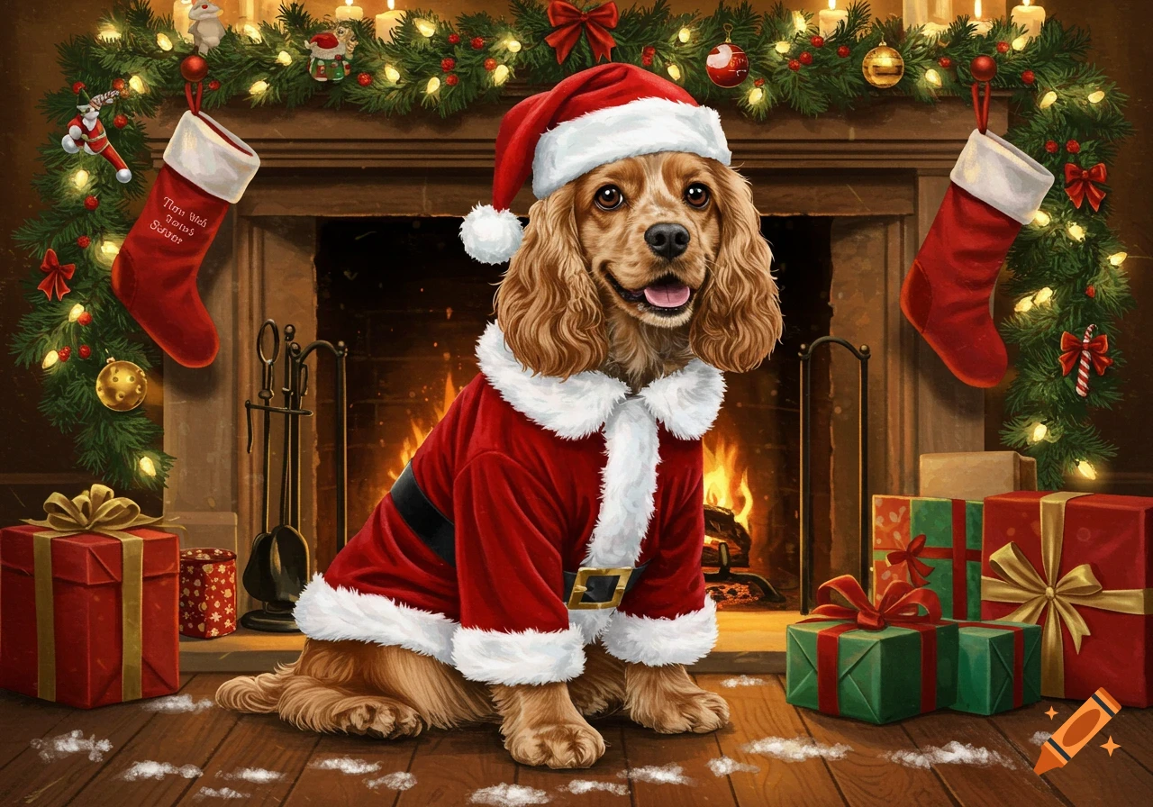 A happy English cocker spaniel in a Santa suit sits in front of a festive fireplace with garland, lights, stockings, and gifts, photorealistic.