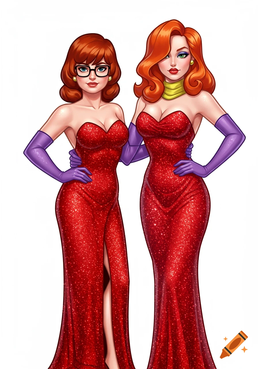 A stylized cartoon image of two women with red hair in sparkling red strapless gowns and purple gloves.