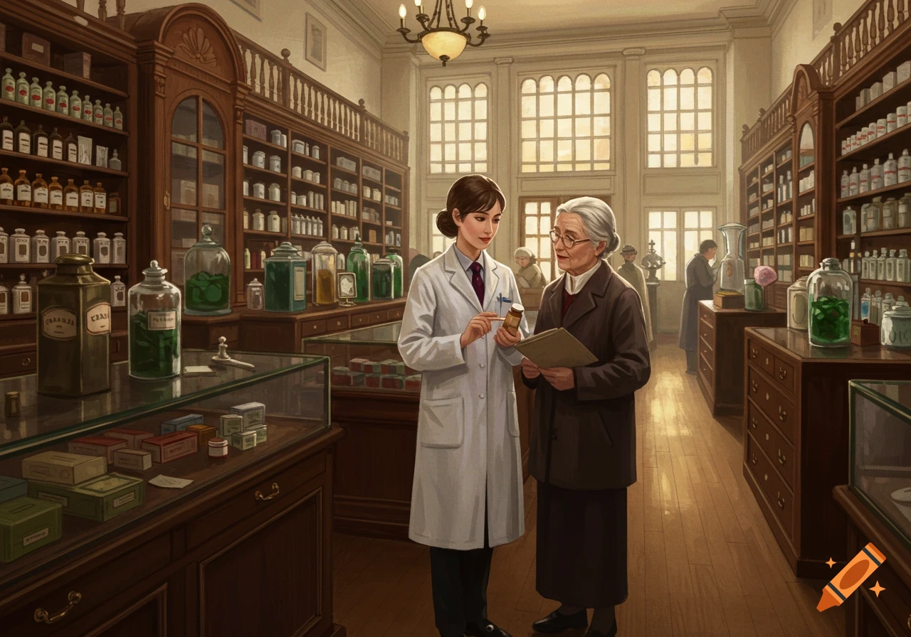 A female pharmacist in a white coat shows a bottle to an elderly woman in a traditional, wood-paneled pharmacy with many shelves of jars and bottles.