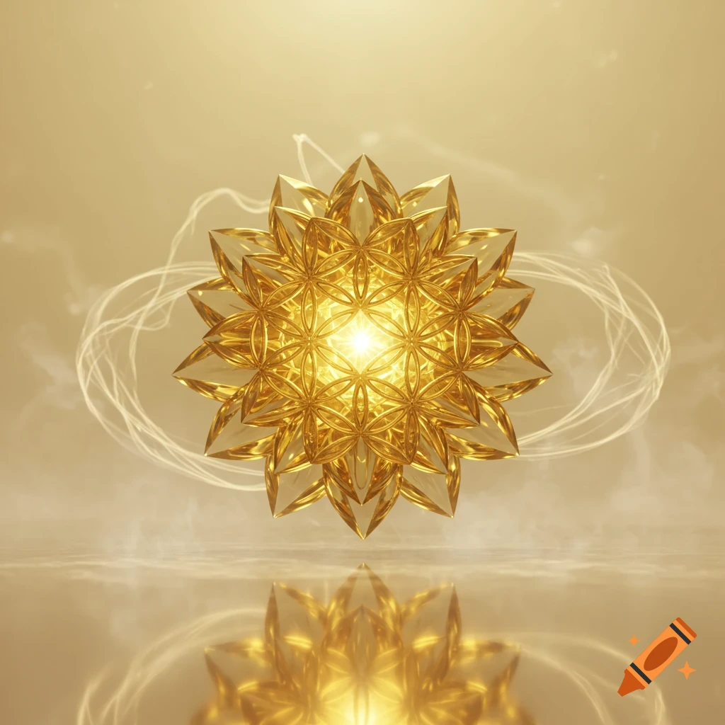 A glowing golden crystalline flower-like geometric object with a reflection, surrounded by light trails on a gold background.