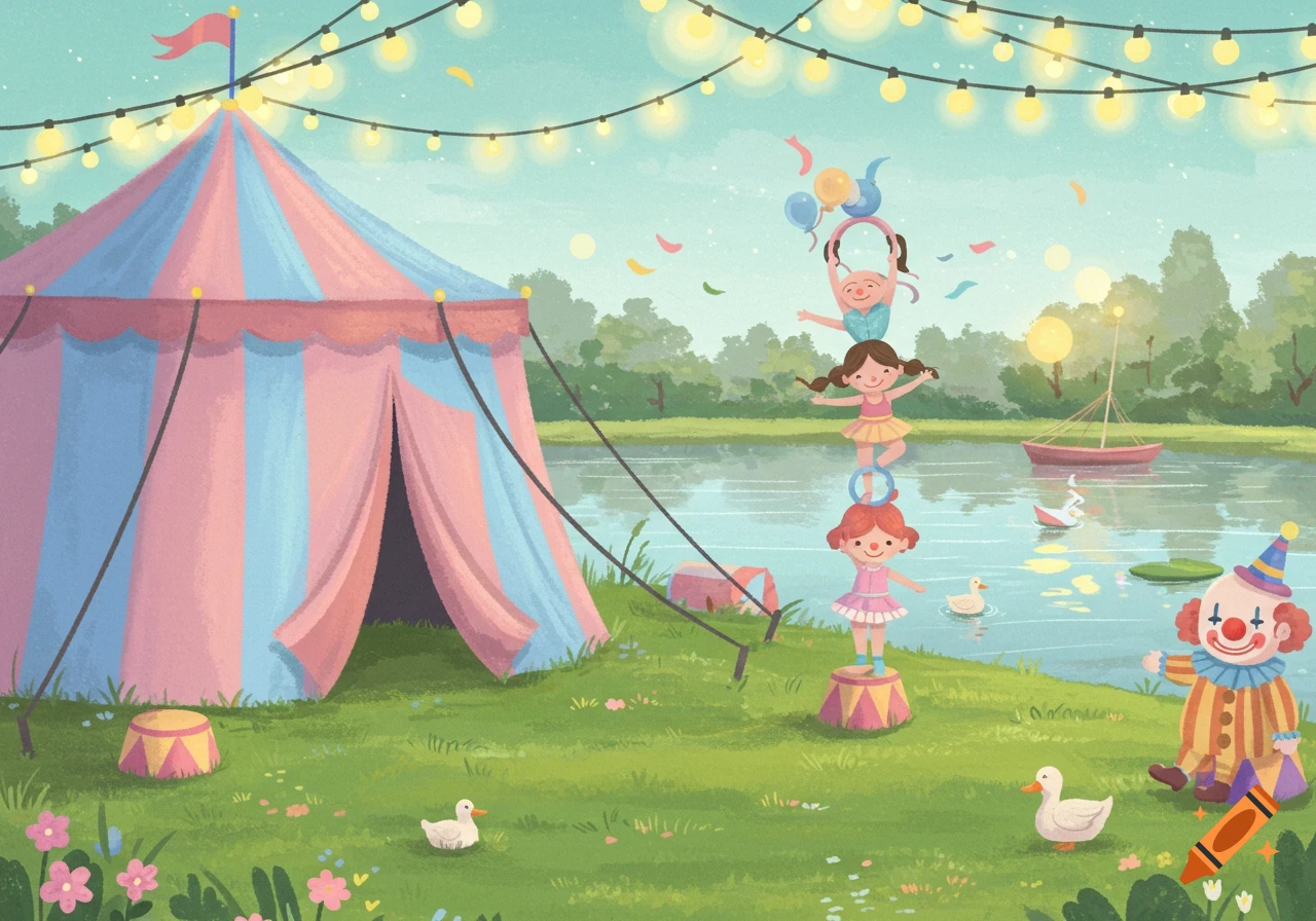 Soft cartoony illustration of a whimsical circus scene with a tent, acrobatic children, a clown, and ducks by a lake.