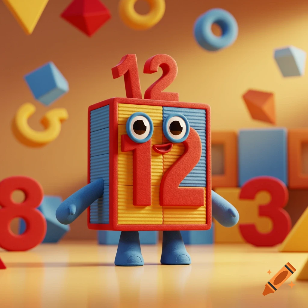 A blocky red, yellow, and blue Numberblock 12 character with eyes and a smile, surrounded by colorful geometric shapes.